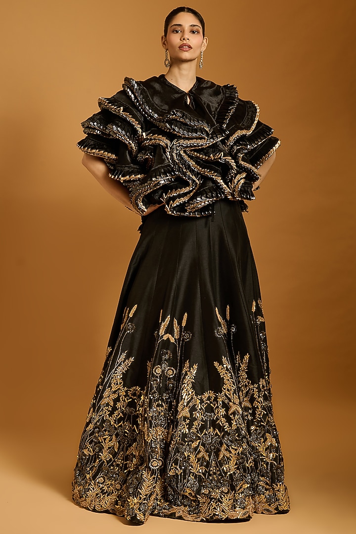 Black Raw Silk & Dupion Zari Embroidered Bridal Lehenga by Siddartha Tytler at Pernia's Pop Up Shop