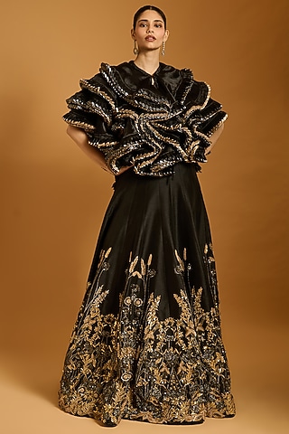 Black Raw Silk & Dupion Zari Embroidered Lehenga by Siddartha Tytler