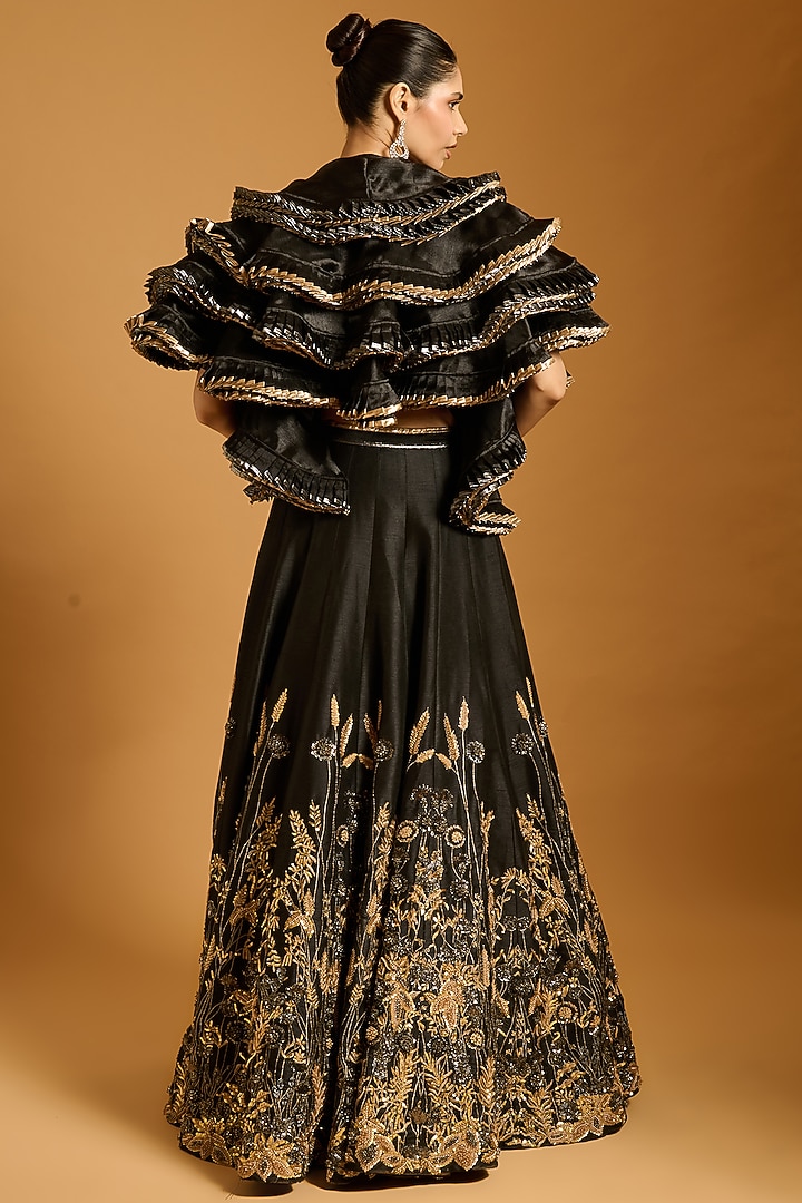 Black Raw Silk & Dupion Zari Embroidered Bridal Lehenga by Siddartha Tytler at Pernia's Pop Up Shop