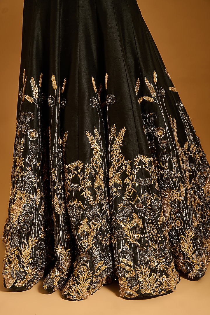 Black Raw Silk & Dupion Zari Embroidered Bridal Lehenga by Siddartha Tytler at Pernia's Pop Up Shop