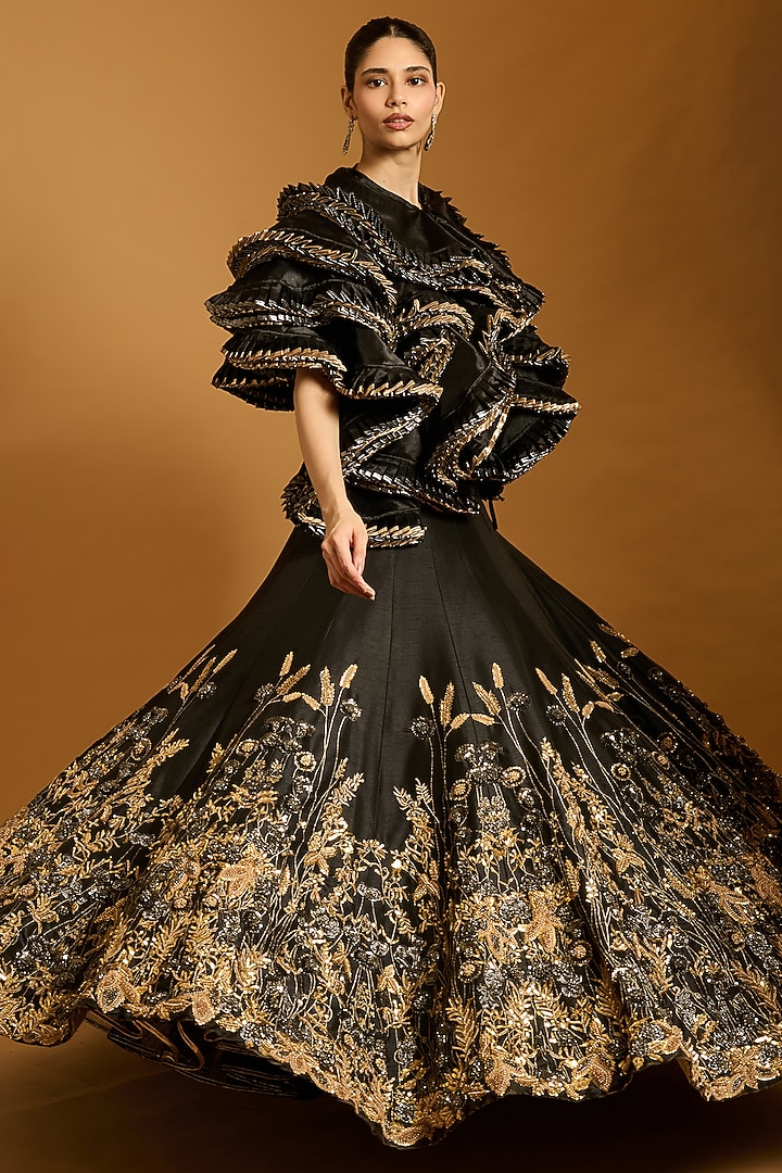 Black Organza Ruffled Jacket by Siddartha Tytler at Pernia's Pop Up Shop