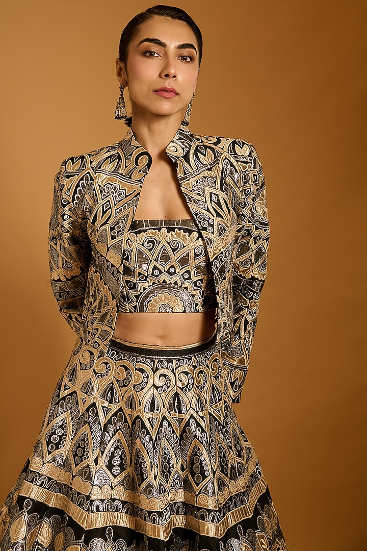 Black Raw Silk & Lamme Crop Jacket by Siddartha Tytler at Pernia's Pop Up Shop
