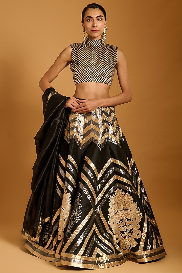 Black Raw Silk & Lamme Bridal Lehenga Set by Siddartha Tytler at Pernia's Pop Up Shop