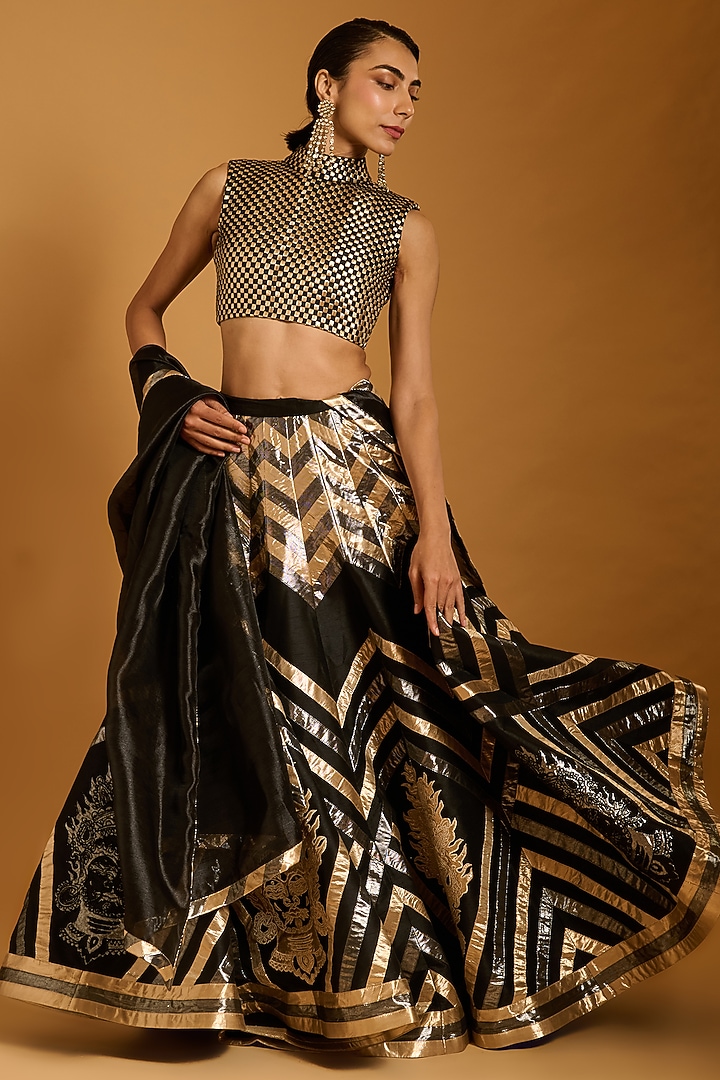 Black Raw Silk & Lamme Bridal Lehenga Set by Siddartha Tytler at Pernia's Pop Up Shop