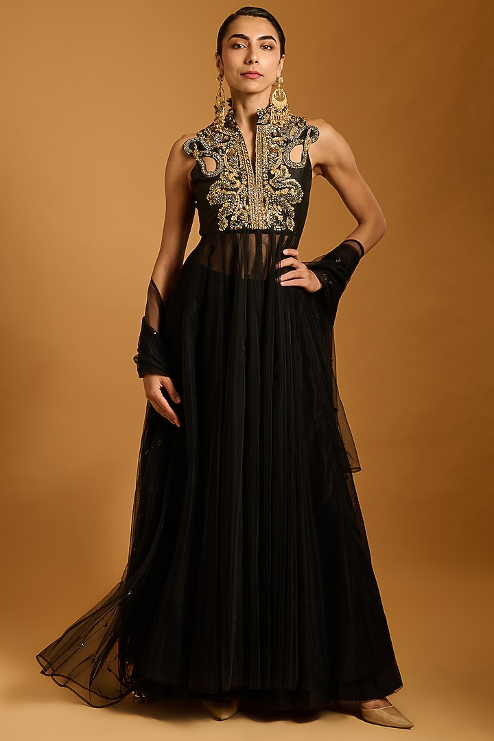 Black Net Bridal Anarkali Set by Siddartha Tytler at Pernia's Pop Up Shop