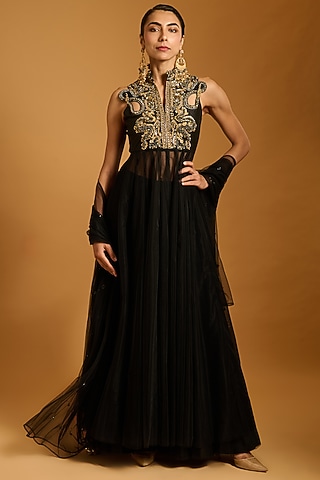 Black Net Anarkali Set by Siddartha Tytler