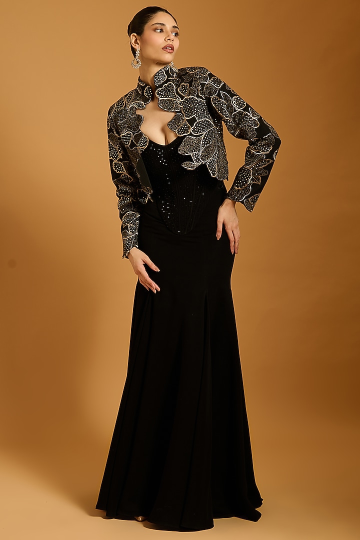 Black Heavy Knit & Microfiber Quilted Corset by Siddartha Tytler at Pernia's Pop Up Shop