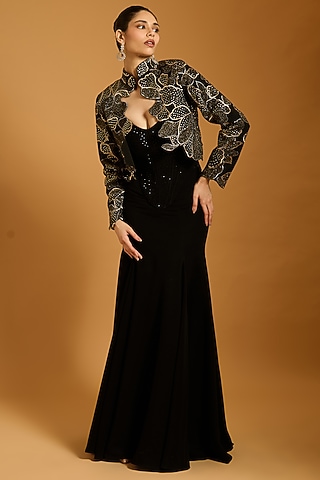 Black Heavy Knit & Microfiber Quilted Corset by Siddartha Tytler