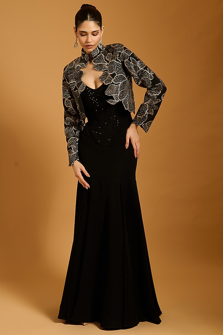 Black Heavy Knit & Microfiber Quilted Corset by Siddartha Tytler at Pernia's Pop Up Shop