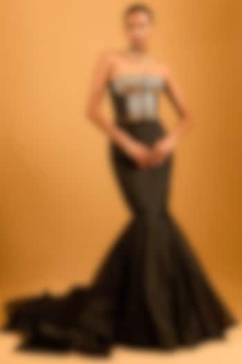 Black Silk Organza Mermaid Trail Skirt by Siddartha Tytler at Pernia's Pop Up Shop