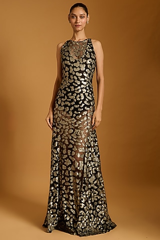 Black Net Sequins embroidered Gown by Siddartha Tytler