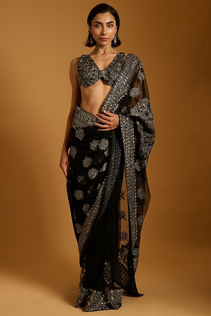 Black Net Embroidered Bridal Saree Set by Siddartha Tytler at Pernia's Pop Up Shop