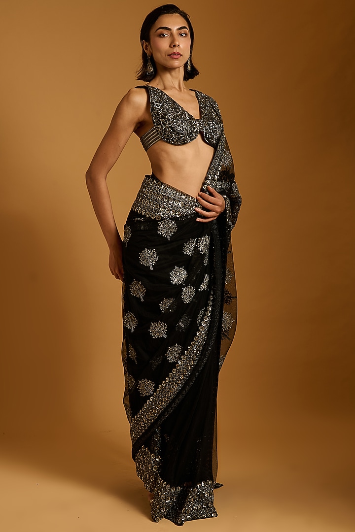 Black Net Embroidered Bridal Saree Set by Siddartha Tytler at Pernia's Pop Up Shop