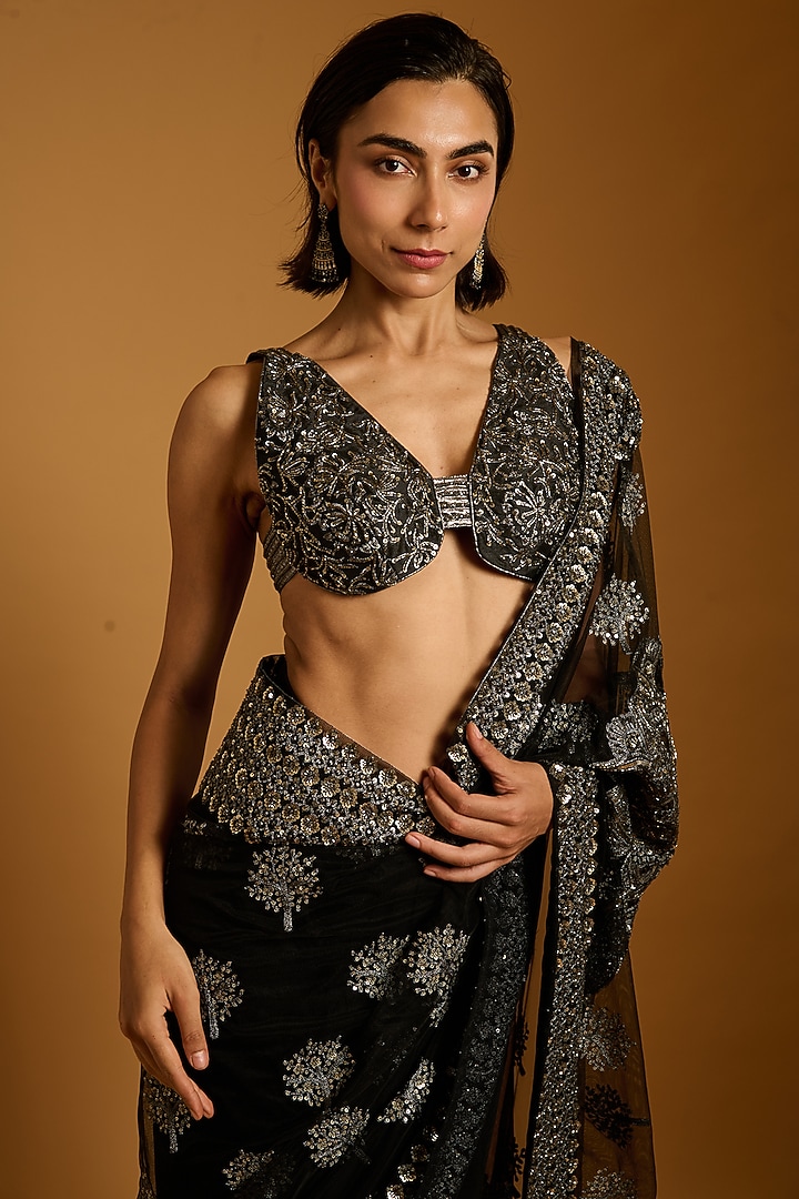 Black Net Embroidered Bridal Saree Set by Siddartha Tytler at Pernia's Pop Up Shop