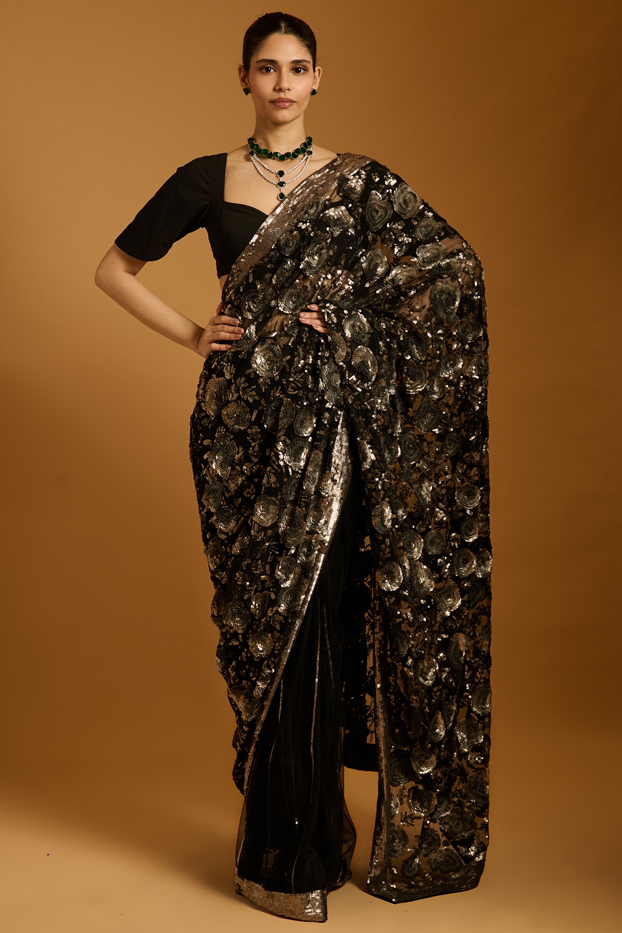 Siddartha Tytler Black Net Sequins Embroidered Saree Set