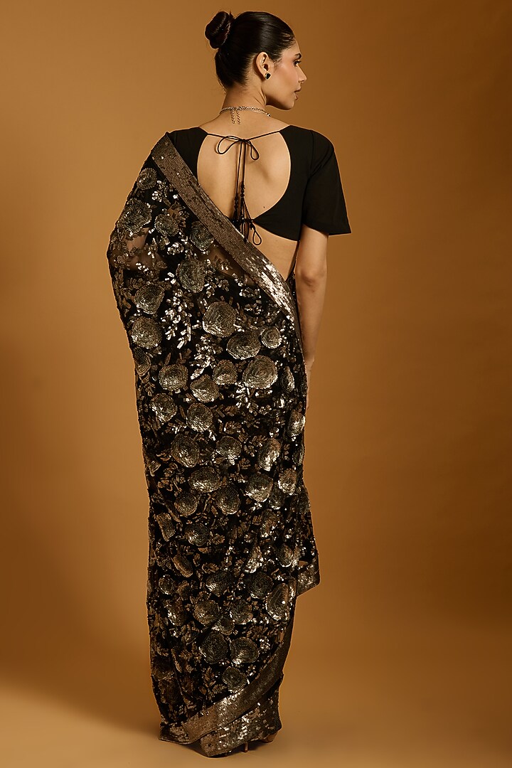 Black Net Sequins Embroidered Bridal Saree Set by Siddartha Tytler at Pernia's Pop Up Shop