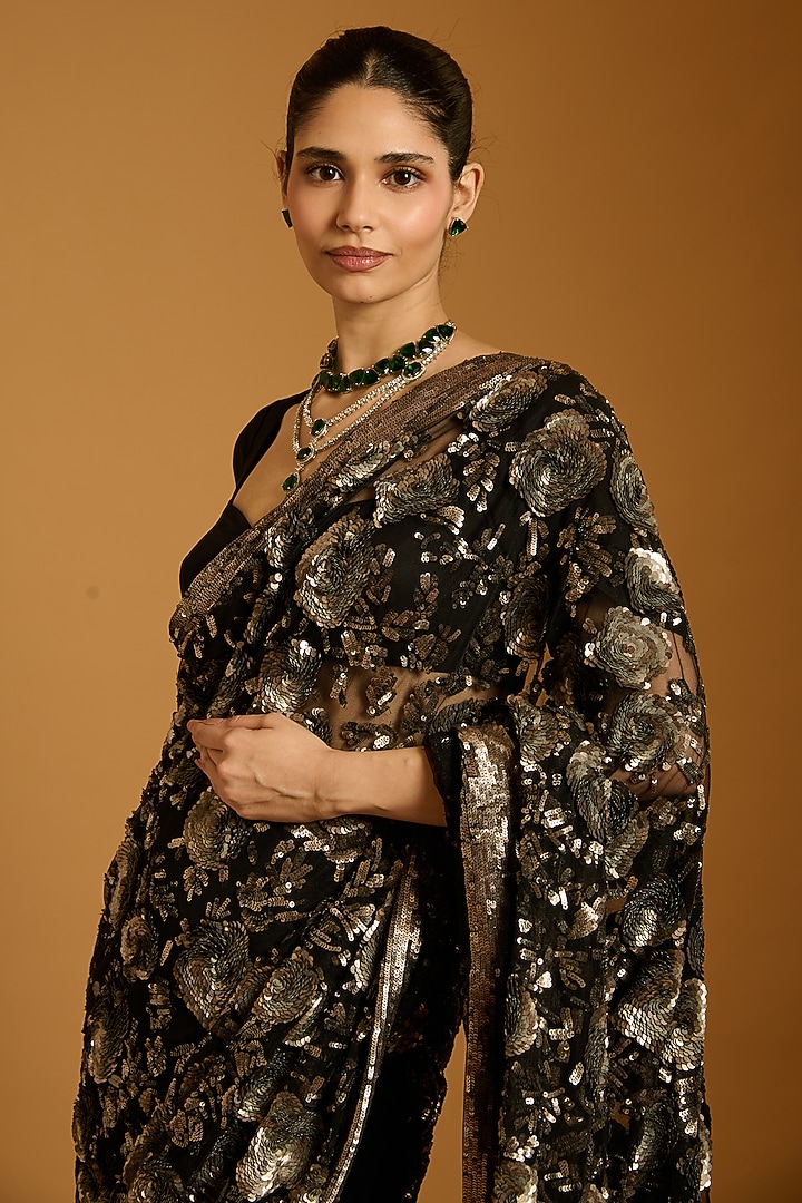 Black Net Sequins Embroidered Bridal Saree Set by Siddartha Tytler at Pernia's Pop Up Shop