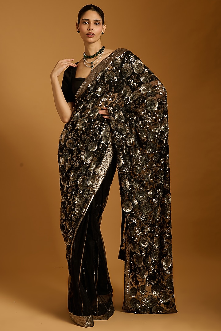 Black Net Sequins Embroidered Bridal Saree Set by Siddartha Tytler at Pernia's Pop Up Shop