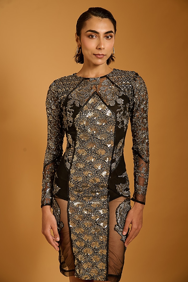 Black Net Embroidered Party Wear Dress by Siddartha Tytler at Pernia's Pop Up Shop