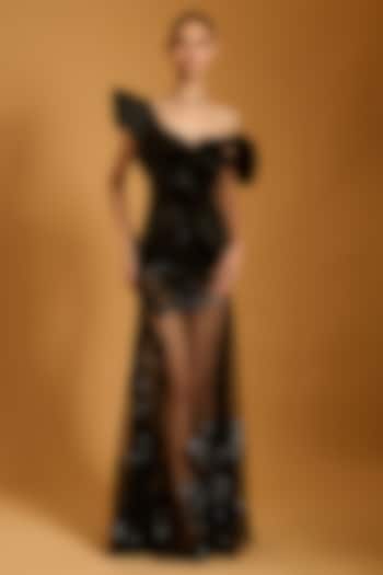 Black Net Floral Sheer Skirt by Siddartha Tytler at Pernia's Pop Up Shop