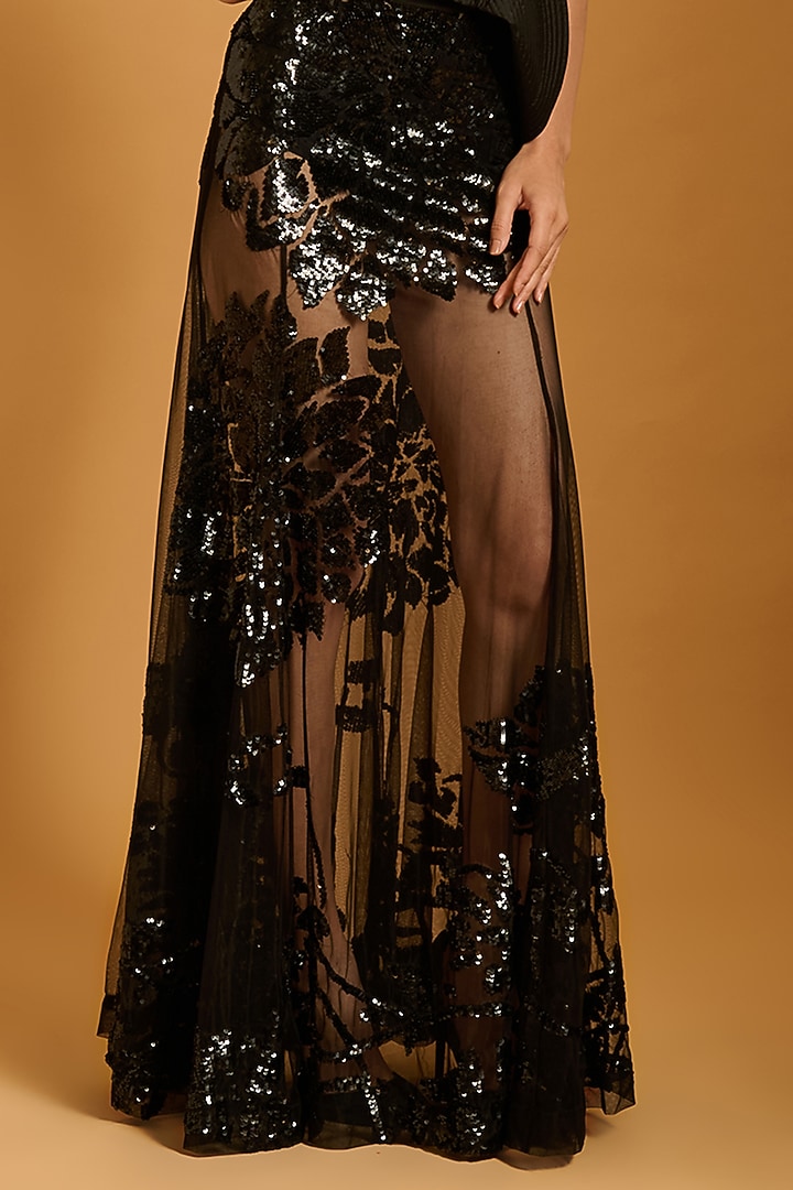 Black Net Floral Sheer Skirt by Siddartha Tytler at Pernia's Pop Up Shop