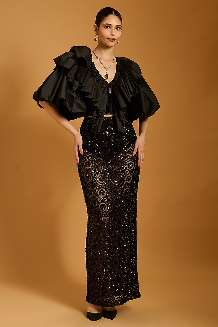 Black Net Embroidered Skirt by Siddartha Tytler at Pernia's Pop Up Shop