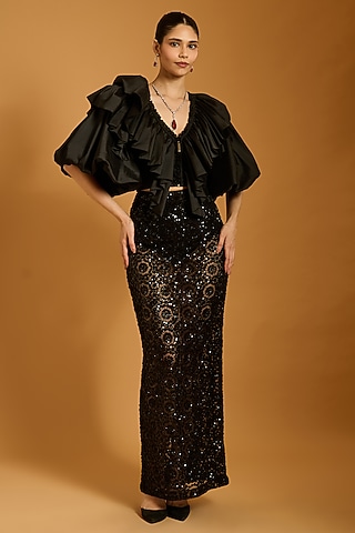 Black Net Embroidered Skirt by Siddartha Tytler