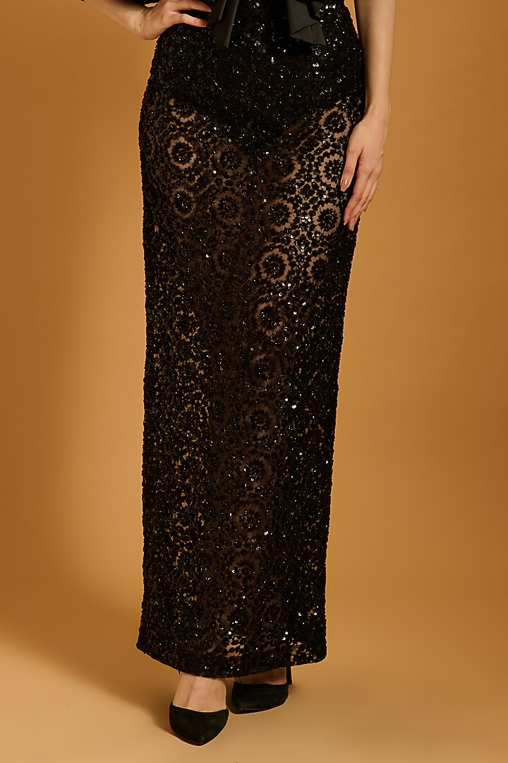 Black Net Embroidered Skirt by Siddartha Tytler at Pernia's Pop Up Shop