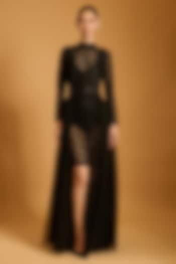 Black Net Embroidered Sheer Party Wear Dress With Trail by Siddartha Tytler at Pernia's Pop Up Shop
