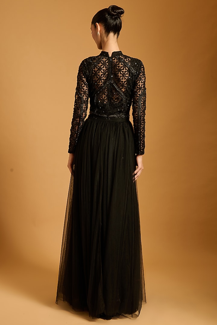 Black Net Embroidered Sheer Party Wear Dress With Trail by Siddartha Tytler at Pernia's Pop Up Shop