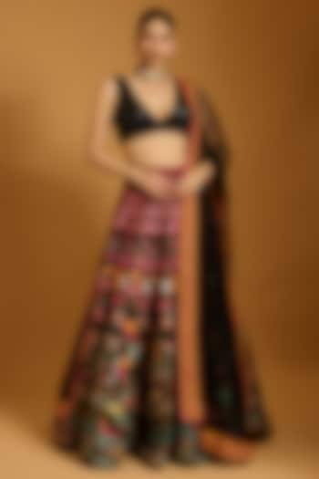 Black Dupion & Raw Silk Threadwork Bridal Lehenga Set by Siddartha Tytler at Pernia's Pop Up Shop