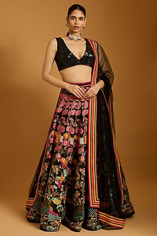 Black Dupion & Raw Silk Threadwork Lehenga Set by Siddartha Tytler