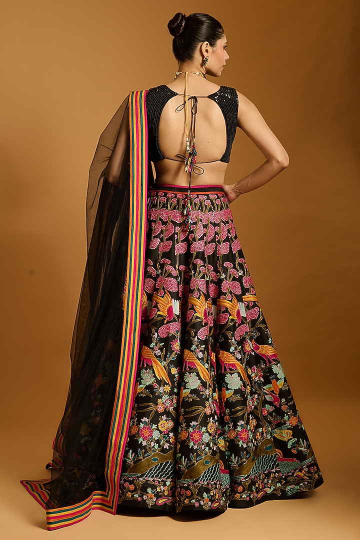 Black Dupion & Raw Silk Threadwork Bridal Lehenga Set by Siddartha Tytler at Pernia's Pop Up Shop
