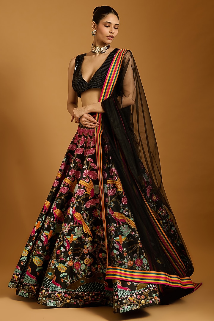 Black Dupion & Raw Silk Threadwork Bridal Lehenga Set by Siddartha Tytler at Pernia's Pop Up Shop