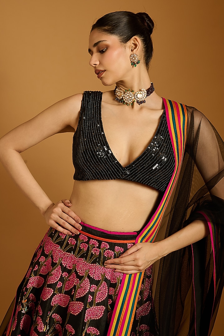 Black Dupion & Raw Silk Threadwork Bridal Lehenga Set by Siddartha Tytler at Pernia's Pop Up Shop