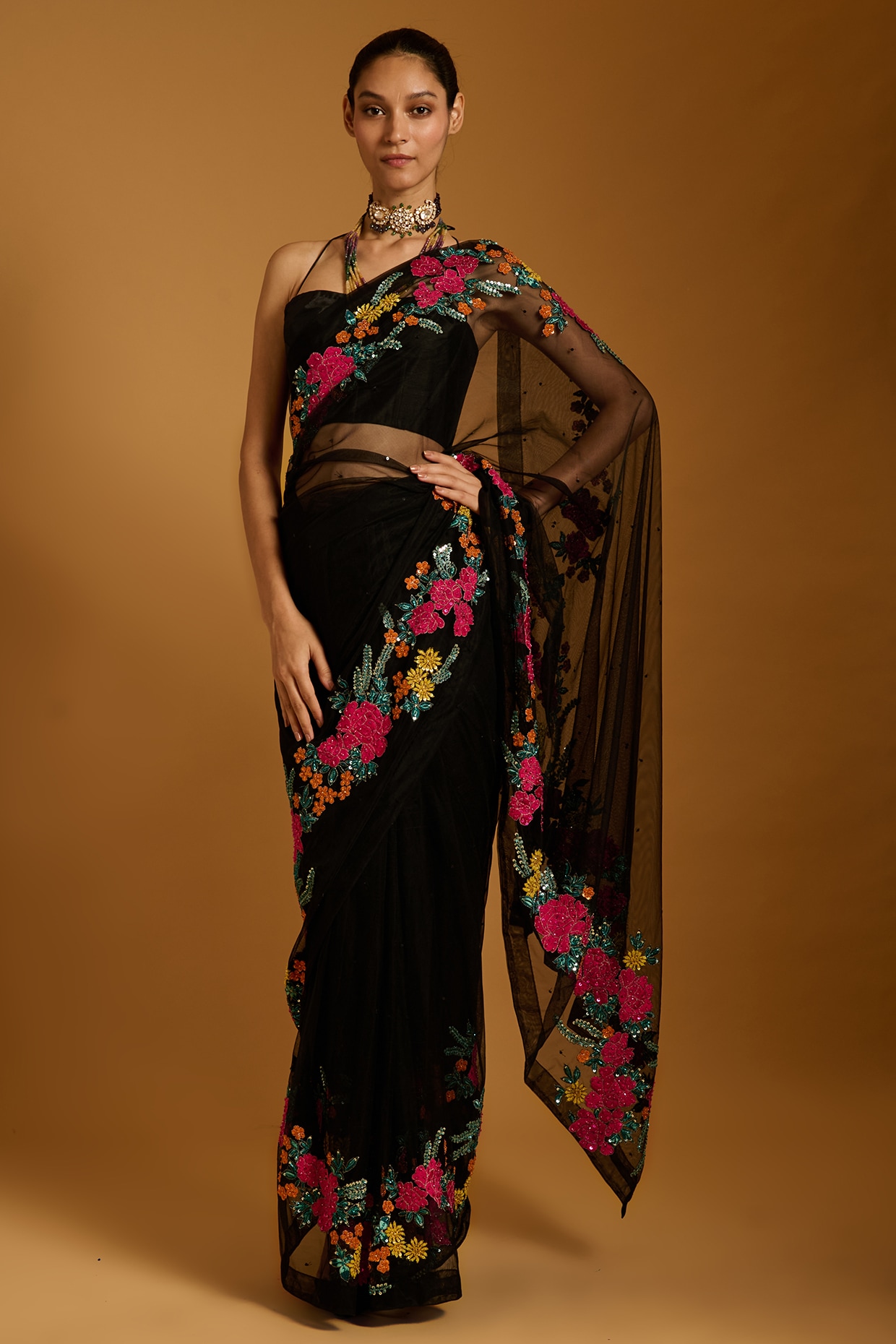 Siddartha Tytler Black Net Floral Embroidered Saree Set
