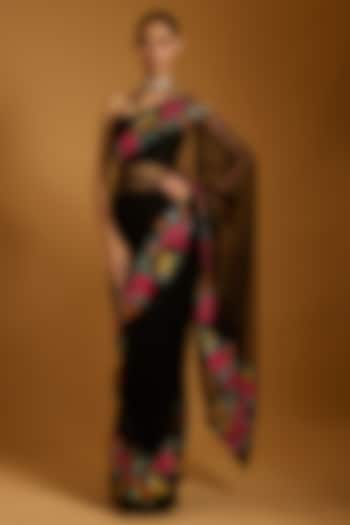 Black Net Floral Embroidered Bridal Saree Set by Siddartha Tytler at Pernia's Pop Up Shop
