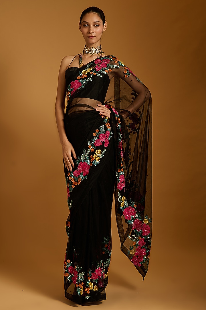 Black Net Floral Embroidered Bridal Saree Set by Siddartha Tytler at Pernia's Pop Up Shop