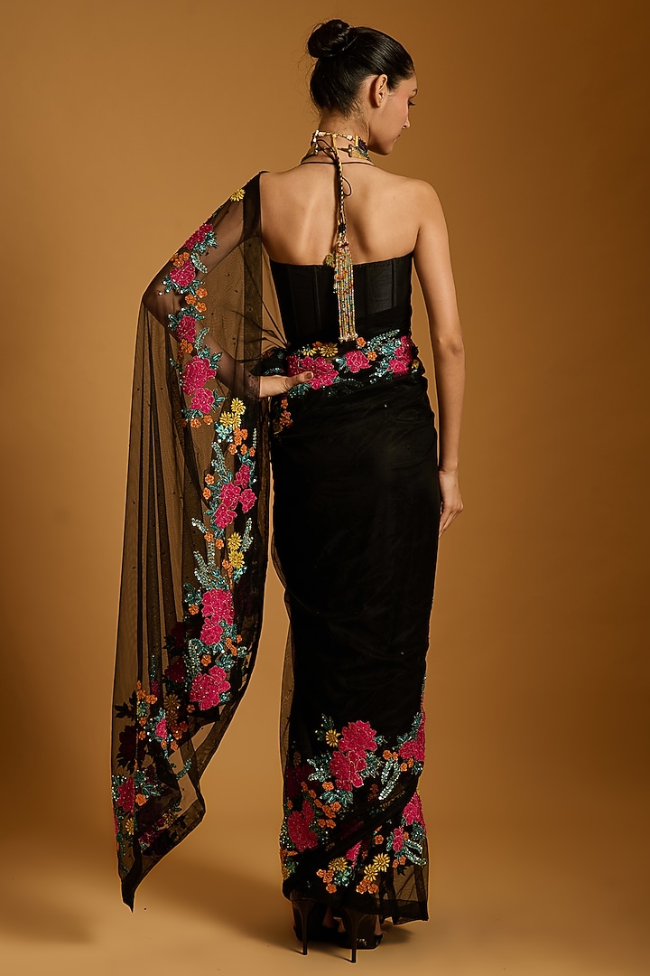 Black Net Floral Embroidered Bridal Saree Set by Siddartha Tytler at Pernia's Pop Up Shop