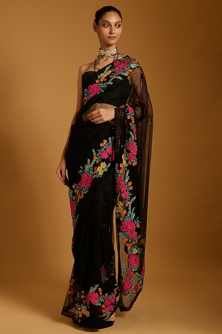 Black Net Floral Embroidered Bridal Saree Set by Siddartha Tytler at Pernia's Pop Up Shop