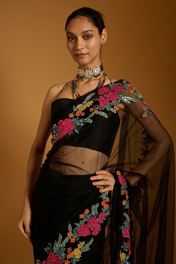 Black Net Floral Embroidered Bridal Saree Set by Siddartha Tytler at Pernia's Pop Up Shop