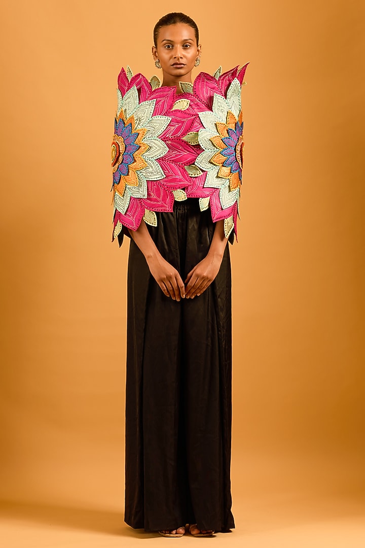 Multi-Colored Dupion Floral Work Cocoon Cape by Siddartha Tytler at Pernia's Pop Up Shop