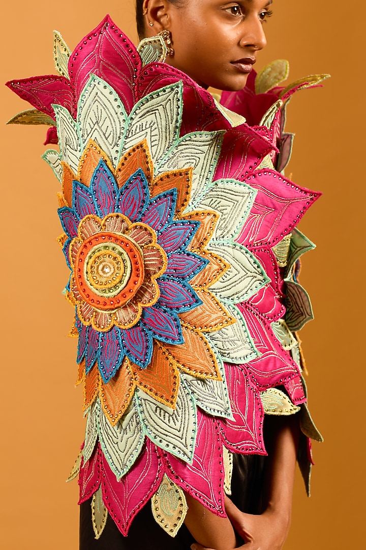 Multi-Colored Dupion Floral Work Cocoon Cape by Siddartha Tytler at Pernia's Pop Up Shop