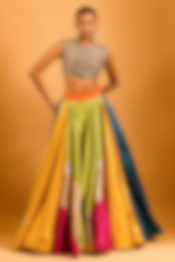 Multi-Colored Raw Silk Asymmetrical Paneled Skirt by Siddartha Tytler at Pernia's Pop Up Shop
