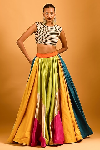 Multi-Colored Raw Silk Asymmetrical Paneled Skirt by Siddartha Tytler