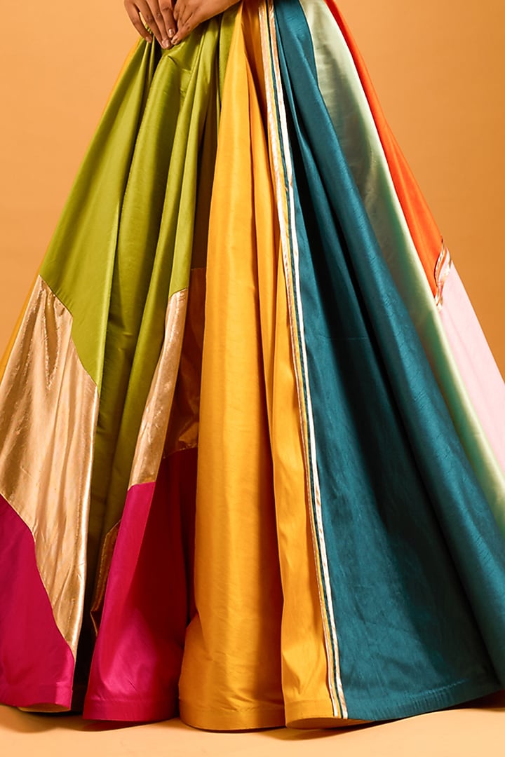 Multi-Colored Raw Silk Asymmetrical Paneled Skirt by Siddartha Tytler at Pernia's Pop Up Shop