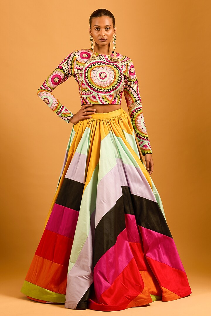 Multi-Colored Raw Silk Dupion Paneled Skirt by Siddartha Tytler at Pernia's Pop Up Shop
