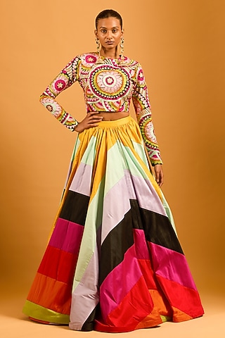 Multi-Colored Raw Silk Dupion Paneled Skirt by Siddartha Tytler