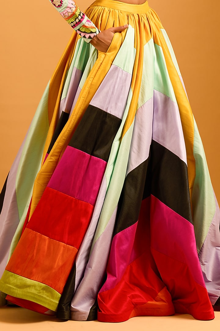 Multi-Colored Raw Silk Dupion Paneled Skirt by Siddartha Tytler at Pernia's Pop Up Shop