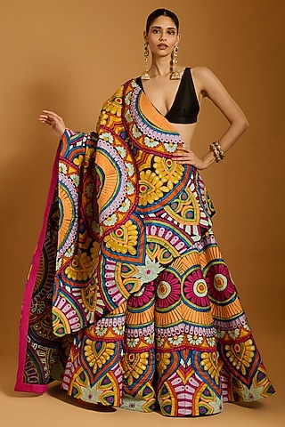 Multi-Colored Raw Silk & Dupion Lehenga Set by Siddartha Tytler